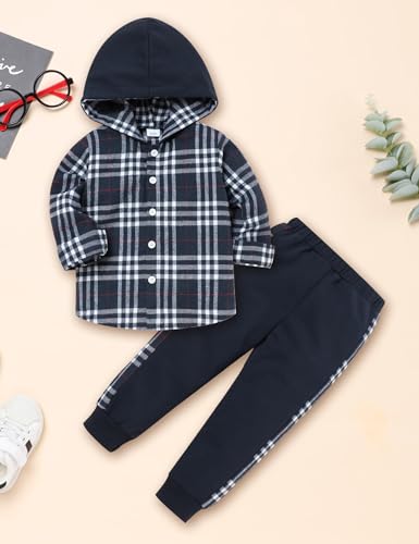 Image of Fuermos Toddler Baby Boys Clothes Flannel Lattice Button Down Hooded Tops +Pants Boys Fall Winter Outfits