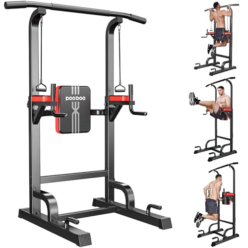 Pooboo Power Tower Dip Station Pull Up Bar for Fitness Home Gym Workout,450 Pounds Multi-Function Adjustable Height Fitness Strength Training Exercise Equipment,with Power Elastic Ropes