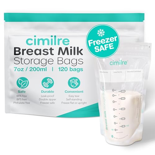 Breast Milk Storage Bags by Cimilre, Leak-Proof Breastmilk Storage Bags, Freeze Flat or Standing, 7 oz. Bags (120 Pack)