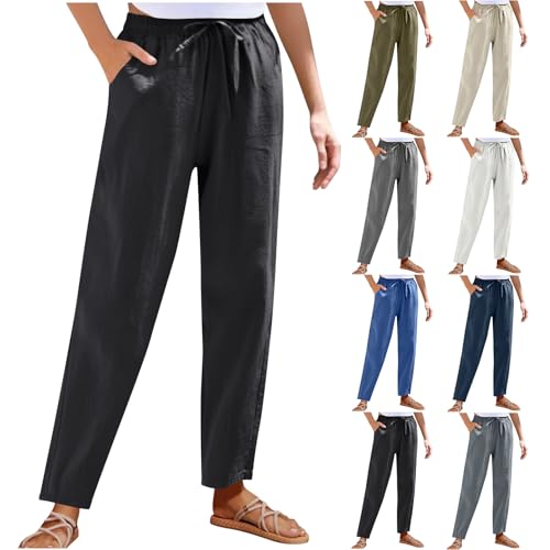 Womens Cotton Linen Pants Straight Leg Elastic Drawstring Casual Trousers with Pockets Summer Casual Beach Lounge Pants
