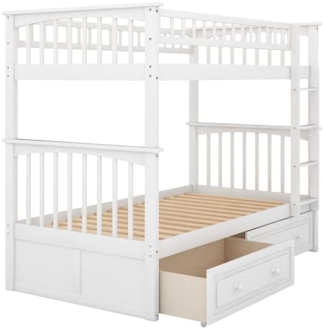 Kids Bunk Bed with Storage Drawers, Twin Over Twin Wood Bunk Bed Frame with Guardrails, Convertible Kids Beds, White
