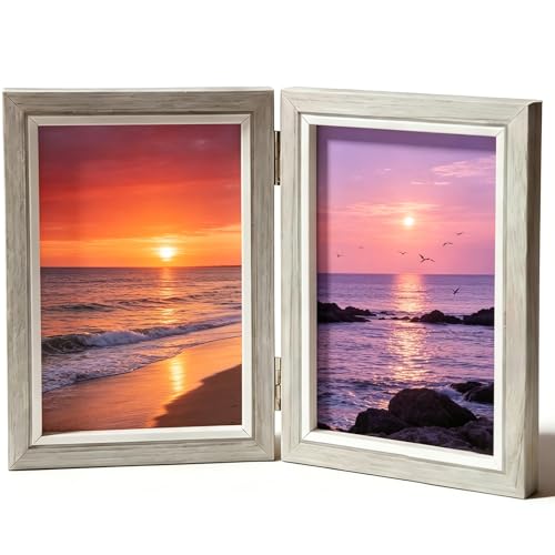 Double Photo Frame 6x4 Wooden Picture Frame for Family Photos Foldable Design with High Transparency Glass Perfect for Displaying Two 6x4 Photos on Tabletops or Desks