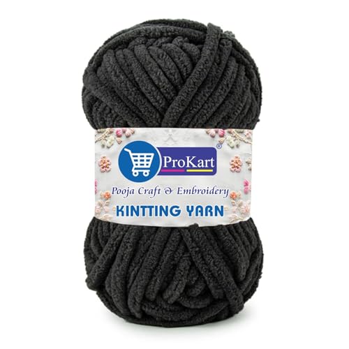 Image of ProKart Premium Blankie Wool, Plush & Cuddly, Chenille Yarn Supersoft Hand Knitting Wool Ball | Blanket Thick /Mottu Yarn Ball Suitable for Hand Knitting and Crocheting (Black, 100gms x 1 Pack)