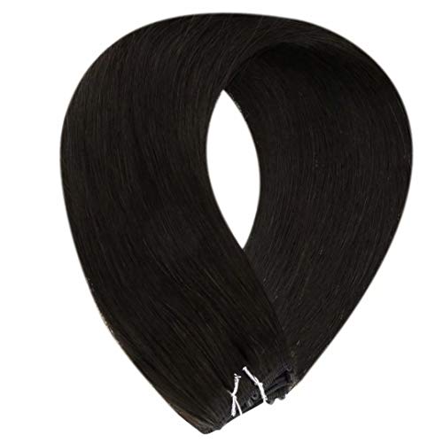 Micro Ring Beaded Weft Extensions Black LaaVoo Easy Weft Black Human Hair Extensions Natural Black Micrbead Weft Extensions Off Black Micro Weft Human Hair Extensions Silky Straight 50g 20"