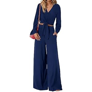 PRETTYGARDEN Woman Elegant Fall Clothes Dressy Crop Top Palazzo Pant With Pocket Spring Solid Color 2 Piece Outfits 2023(Solid Dark Blue,Medium)
