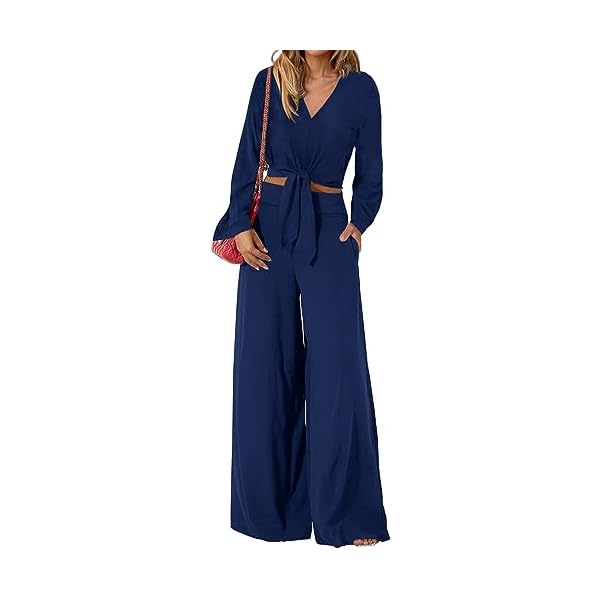 PRETTYGARDEN Woman Elegant Fall Clothes Dressy Crop Top Palazzo Pant With Pocket Spring Solid Color 2 Piece Outfits 2023(Solid Dark Blue,Medium)