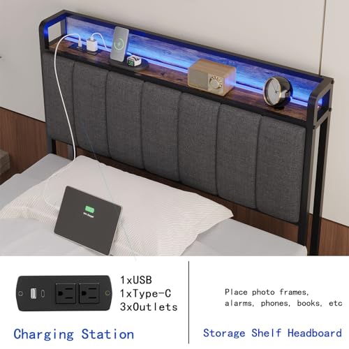 Image of Queen Size Upholstered Headboard with LED Lights & Charging Station, USB & Type C Port, Linen Upholstery, Queen Headboard Only Height Adjustable Attach Frame Sturdy and Stable Easy Assembly