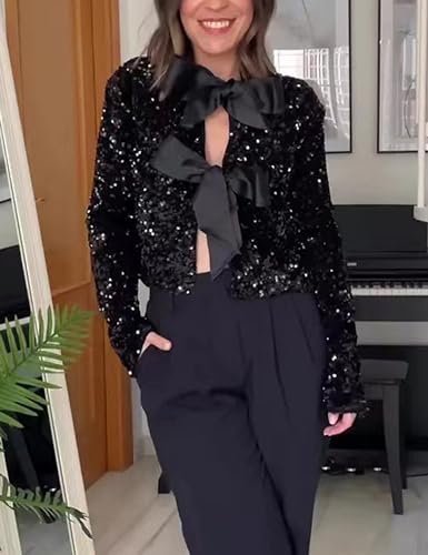 Women Tie-Front Sequined Jacket Long Sleeve Sparkling Cropped Top with Bow Party Concert Night(Black-L)2