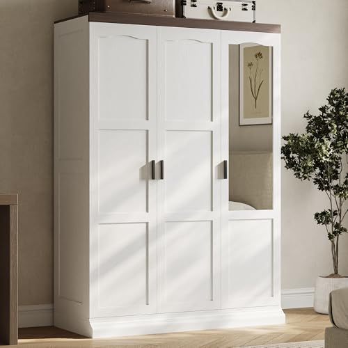 ANCTOR 3-Door Armoire Wardrobe Closet with Mirror and 2 Hanging Rods