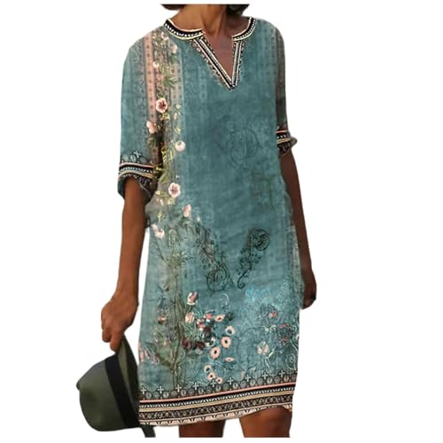 Sommerkleid Damen Knielang Tunika Kleid Sommer Elegant V Ausschnitt Casual Sommerkleider Damen Leicht Und Luftig Boho Strandkleid Halbarm Damenkleider...
