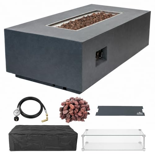 Image of AMS Creations | Chelsea 55 inches Rectangular Propane Gas Outdoor Fire Pit Table | Concrete GFRC Fire Pit Table | with SS Burner, Canvas Cover, SS Lid, Lava Rock, and Wind Guard Included