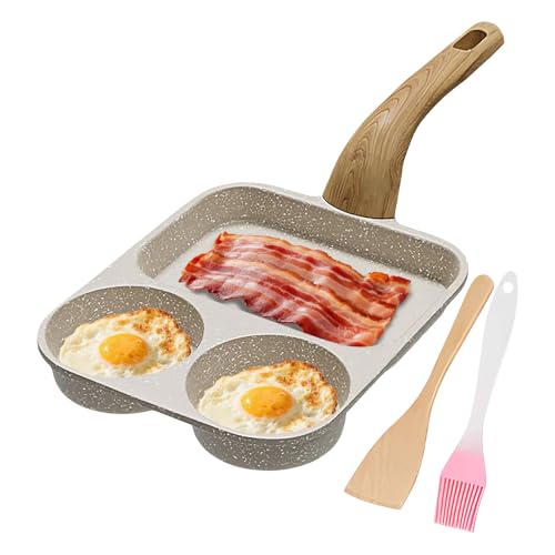 Sartén antiadherente para panqueques, sartén de 3 secciones, sartén antiadherente para desayuno, cocina con mango resistente al calor, sartén con espátula y cepillo para panqueques, tortillas, tocino