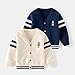 AQEACARMON Baby Boys Button Up Cardigan Sweater Long Sleeve V Neck Cartoon Embroidery Cardigan Coat(4T Cream Color)