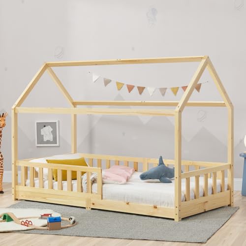 Juskys Kinderbett Marli 90 x 200 cm mit Rausfallschutz, Lattenrost und Dach...