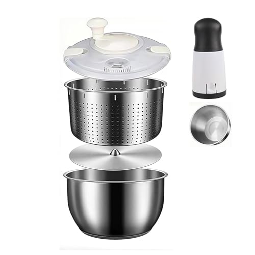 AVMLWEPA Essoreuse à Salade en Acier Inoxydable 6 L avec Bouton d'arrêt, séchoir à légumes, Couvercle Transparent, Trou de Drainage, Base antidérapante, sans BPA, séchoir laitue avec manivelle