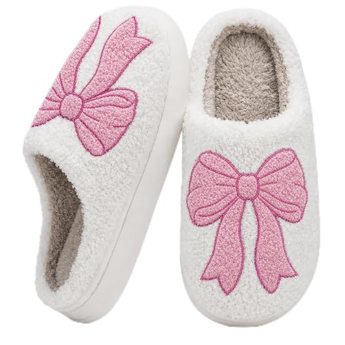 Image of Bow Slippers for Women, Girly House Shoes, Fuzzy Non Slip Sole