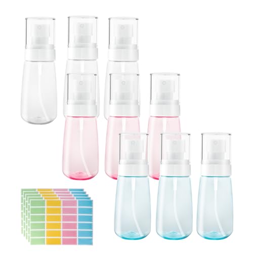 9 Pcs Travel Spray Bottle 60ml/2oz Leak Proof Fine Mist Spray Bottles Empty Mini Makeup Face Spray Bottle Clear Refillable Travel Containers for Perfume Cosmetic Essential Oil, 3 Color(120pcs Labels)