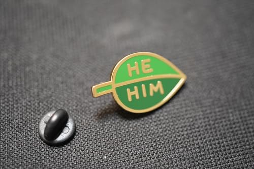 Image of He Him Pronoun Brooch Button Non-Binary Badge Enamel Lapel Pin - Green Leaf NB Pride Genderqueer Gender Identity Pin