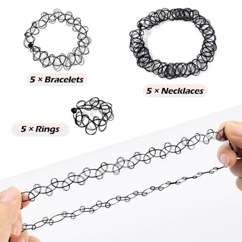 soodyoow 3er Set Ketten Armband Ring Halskette Choker Tattoo Stretch Accessoires Schwarz elastisch Damen 90er Jahre Style Gothic Punk Schmuck Set