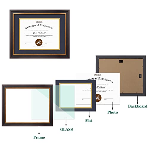 Golden State Art, 11X14 Frame For 8.5X11 Diploma/Certificate, Sawtooth Hangers For Wall Mounting With Real Glass, Black Gold & Burgundy Molding (Navy Blue/Gold Double Mat, 2-Pack) #TOP3