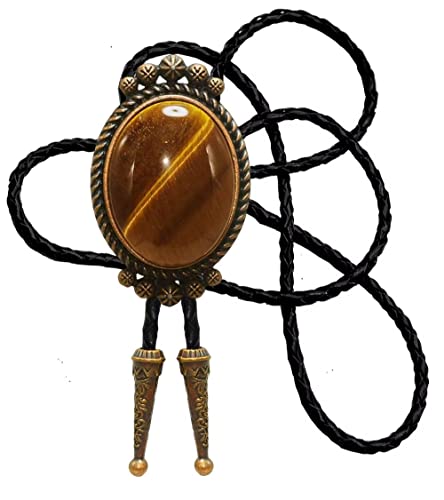 Image of Moranse Bolo Tie with Natural Tiger Eye Stone Celtic Style Genuine and Cowhide Rope