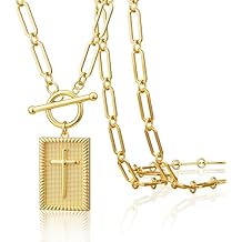 Tewiky Mothers Day Gifts 14K Gold Plated Cross Necklace for Women Trendy Chunky Cross Pendant Necklace Toggle Clasp Paperclip Necklaces for Women Jewelry Gift Christian Religious Baptism