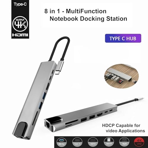Image of NEXSA USB C Hub Dock 8 in 1 HDCP Aluminum Type C Adapter with 4K HDMI Port, Ethernet 100mbps RJ45 Port, USB 3.0 Port, USB-C Power Delivery, TF /SD Card Reader, MacBook /Dell /USB C Devices