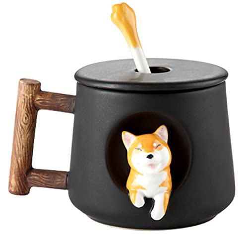 Süße Shiba Inu Kaffeetasse Teetasse Becher Geschirr 420ml Keramik Tasse mit Deckel und Löffel, Keramikbecher Kaffeebecher Porzellan Cappuccino Tasse Coffee Milk Tea Mug