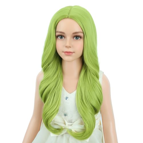 Image of PATTNIUM Kids Olive Green Wig Long Wavy Green Wig Matcha Green Wigs Middle Part Synthetic Wigs