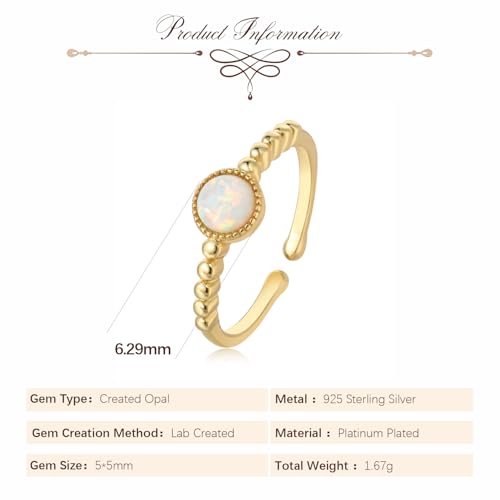 Vintage Victorian Style 14K Yellow Gold Plated 925 Sterling Silver 5mm Round Multi Colors White Fire Created Opal Solitaire Open Adujstable Ring for Women Daily Wedding October Birthstone2