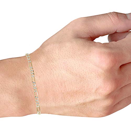 Nuragold 10k Real Yellow Gold Figaro Link 3.5mm Diamond Cut Pave Chain Bracelet (7"-9") Two Tone Italian Jewelry for Men & Women3