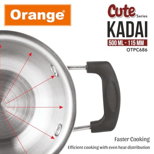 Image of Orange Triply Cute Series Mini KadaiTadka Pan 0.400 ml,(0.4L) | Heavy Bottom| Induction Friendly|2.5mm Thickness|Cool Touch Bakelite Stainless Steel Handle | 5Year Warranty