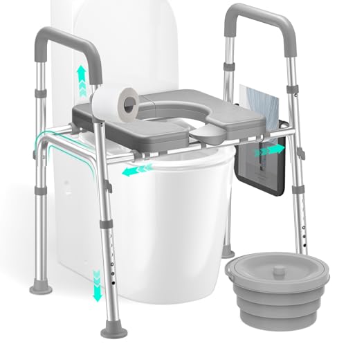 HOMEAL Seat Riser for Seniors with Bucket, Adjustable Raised Toilet Seat with Handles, Supports 450LBS, Heavy-Duty 3in1 Bedside Commode Chair for Any Toilet, Shower & Bedside (Grey, with Bucket)