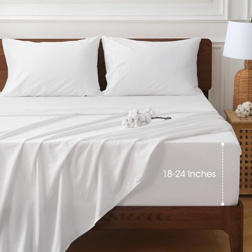 HYPREST Extra Deep Pocket Queen Sheet Set - 100% Cotton, White Hotel Luxury Soft Wrinkle Free Cooling Sheets for Queen Bed Deep Pocket