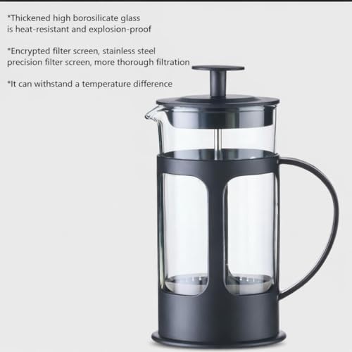 Image of French Press Coffee & Tea Maker Borosilicate Glass Carafe 4 Level Filtration System Stainless Steel Plunger with Mesh 1-2 Cups of Coffee Brews in Just 3 Minutes BPA Free Lid Strainer Black 300 ML