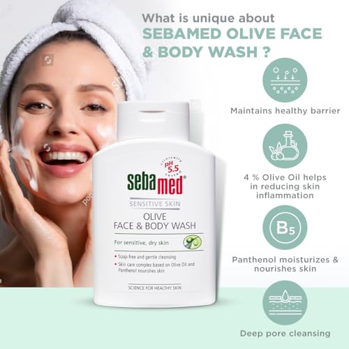 Sebamed Olive Face & Body Wash | Extra mild for sensitive, dry skin | pH5.5| Soap free, Gentle cleansing | Olive oil + Panthenol nourishes skin | SLS & parabens free l... - Image 5