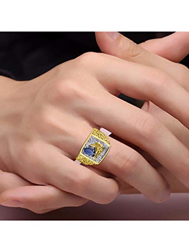 Image of Rylos Men's Yellow Gold-Plated Sterling Silver Lucky Nugget Horse Head Ring with 6X4MM Gemstone and Diamonds - Birthstone Elegance for Men, Sizes 8-13 Available