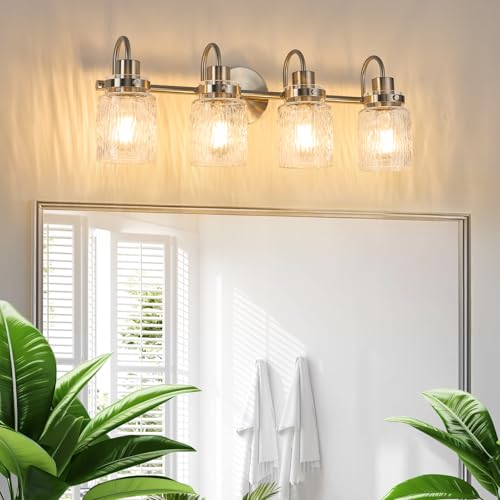 Image of 4 Lights Hammered Glass Bathroom Vanity Light,Brushed Nickel | Easy Installation,Up or Down,Farmhouse Modern Style,E26 Socket,ETL Certification