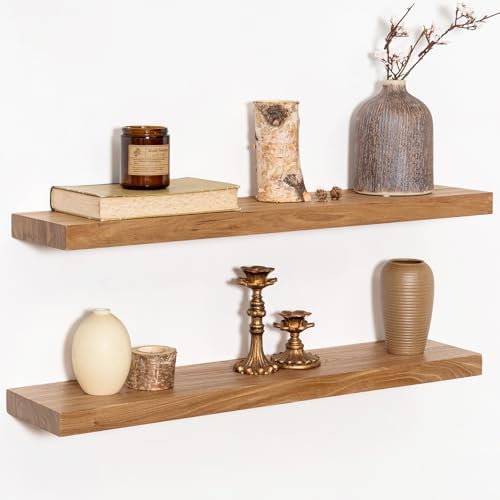 30 Inch Floating Shelves Set of 2, Rustic Solid Elm Wood Floating...