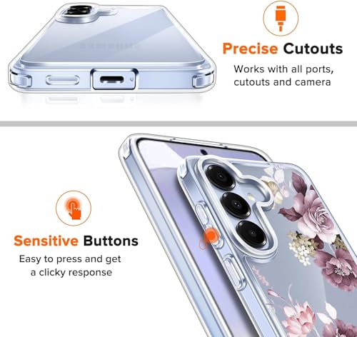 Image of Elzzi Clear Transparent Flower Cover for Samsung S26 5g Case Shockproof Floral Design Camera Protection Shockproof PC+TPU Transparent Flower Cover for Girls & Women (Deep Purple)