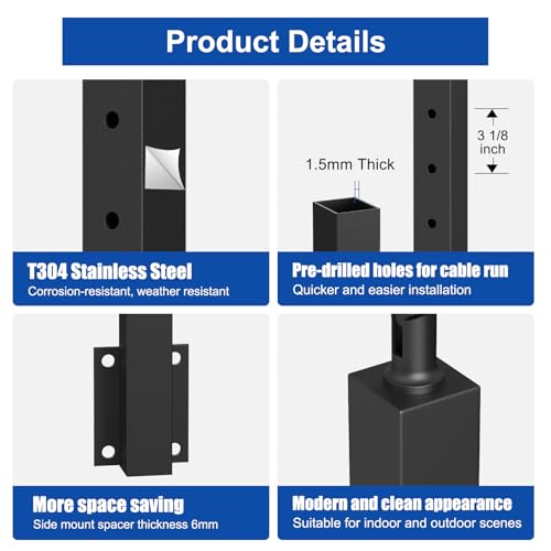 Image of BLIKA 2 Pack 36 inch Side Mount Stair Cable Railing Post for 25-35 Degrees Stair, Stainless Steel, Right Side Fascia Mount Stair Railing Post for Cable Railing Kit, Black Powder Coated Side Mount Post