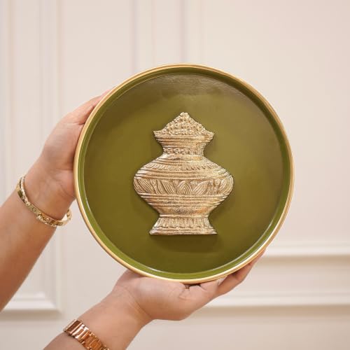 Image of BEHOMA Kalash Metal Wall Plate Olive Green & Gold 8.4 inch
