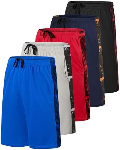Real Essentials Boys' 5-Pack Mesh Active Athletic Performance Basketball Shorts with Pockets