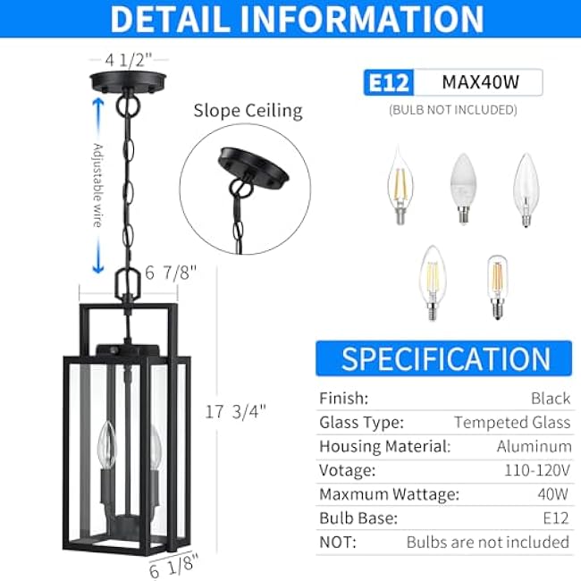 Large Modern Black Pendant Light 2-Light 17.75'' Chandelier Hanging Fixture