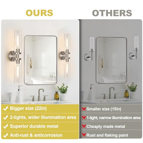Image of Wall Sconces Set of Two, Hardwired Brushed Nickel Bathroom Sconces Wall Lighting with Clear Glass, Modern Sconces Wall Decor Set of 2 Bathroom Light Fixtures for Mirror Hallway (Bulbs Not Included)