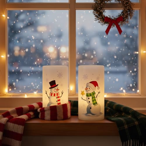 Image of Christmas Snowman Flameless Pillar Candles with Remote Timer