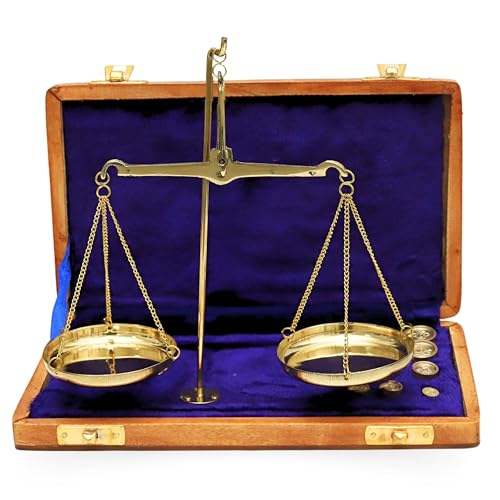 Báscula antigua de justicia de bronce con estuche de madera miniatura 1