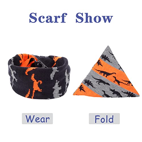 Image of ACTLATI Winter Dinosaur Boy Winter Hat Scarf Mittens Set Warm Beanies Earflap Fleece Pompom Lining Cap for Toddler Kids