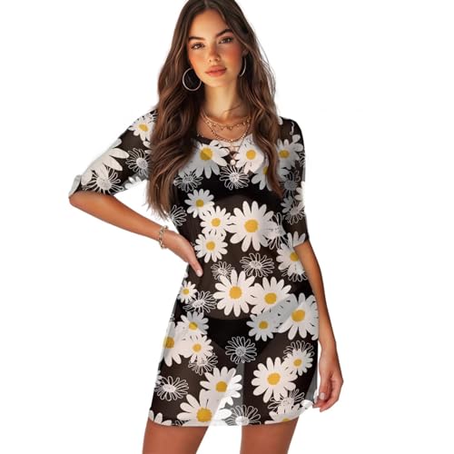 Biyejit Daisy - Vestido de playa de manga corta para mujer, traje de baño ligero, kimono de verano, protección solar, ropa para vacaciones, Hawaii, piscina, fiesta, XS-2XL, Daisy, S