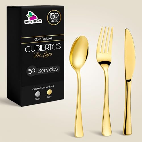 La Mejor Selección de Tenedores Top 5. 43 Berry Bloom Set de 150 Cubiertos Premium 50 tenedores, 50 cuchillos y 50 cucharas Elegantes, Perfectos para Cumpleaños, Banquetes, Catering, Reuniones, Fiesta, Bodas (Dorado)